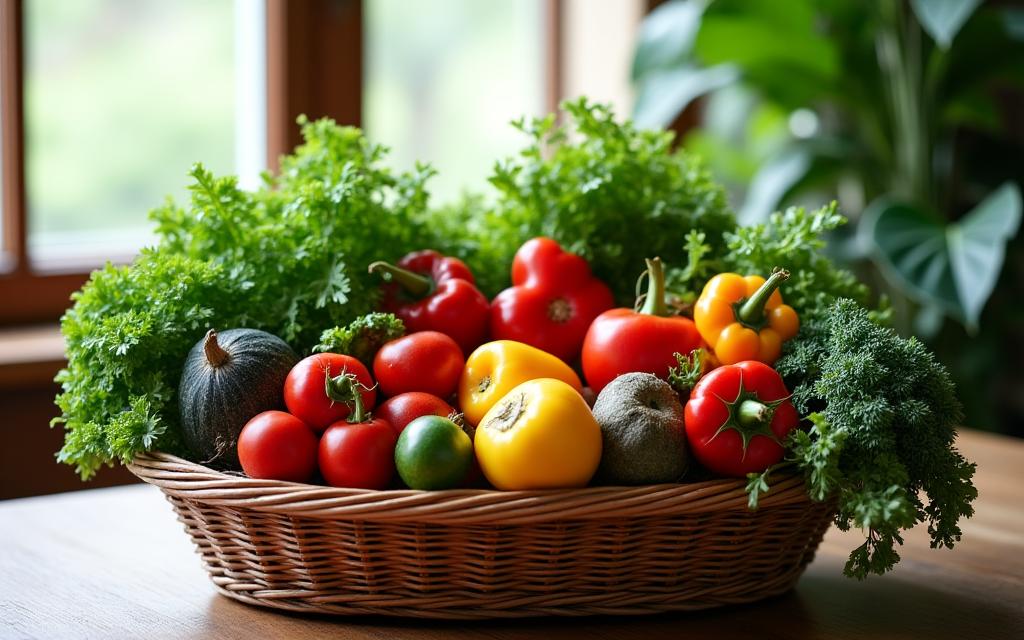 Eine reichhaltige Auswahl an frischem Bio-Gemüse und veganen Produkten in einem Korb.