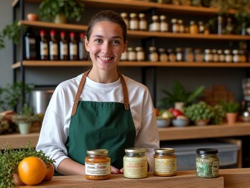 Der Inhaber von Grünblatt Delikatessen arrangiert stolz Produkte im Laden.