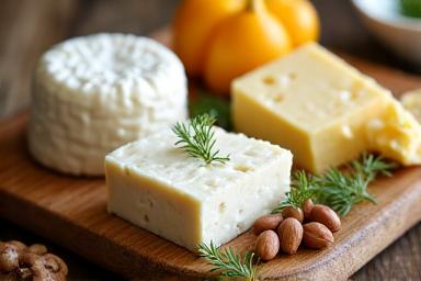 Ein kunstvoll angerichtetes Brett mit verschiedenen veganen Käsesorten und Nüssen.