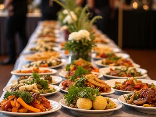 Ein elegant gedeckter Tisch mit veganen Catering-Speisen.