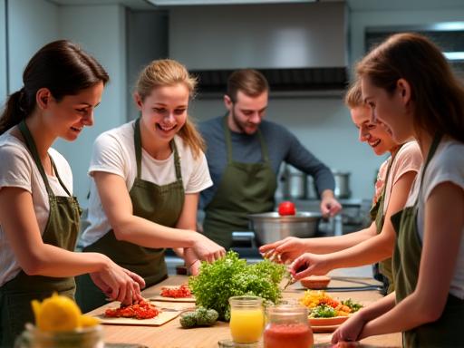 Teilnehmer eines veganen Kochkurses haben Spaß beim Zubereiten von Speisen.